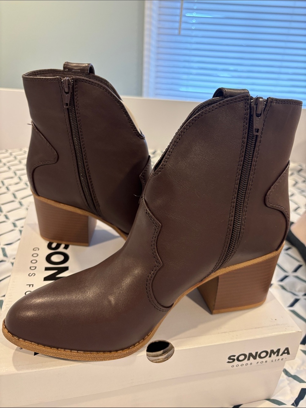 Sonoma Dark Brown Faux Leather Western-Inspired Ankle Booties